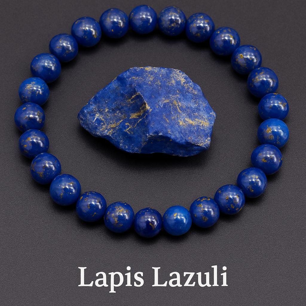 Bracelet Lapis Lazuli en pierre naturelle et pierre brut au milieu. bracelet posé sur un fond noir. Bijoux en pierre naturelle