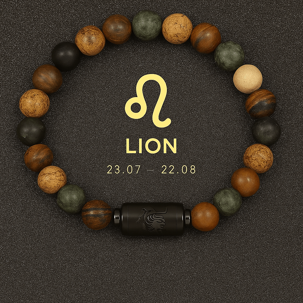 bracelet signe astrologique du lion, signe du zodiaque lion doré avec figure astro en noir brillant