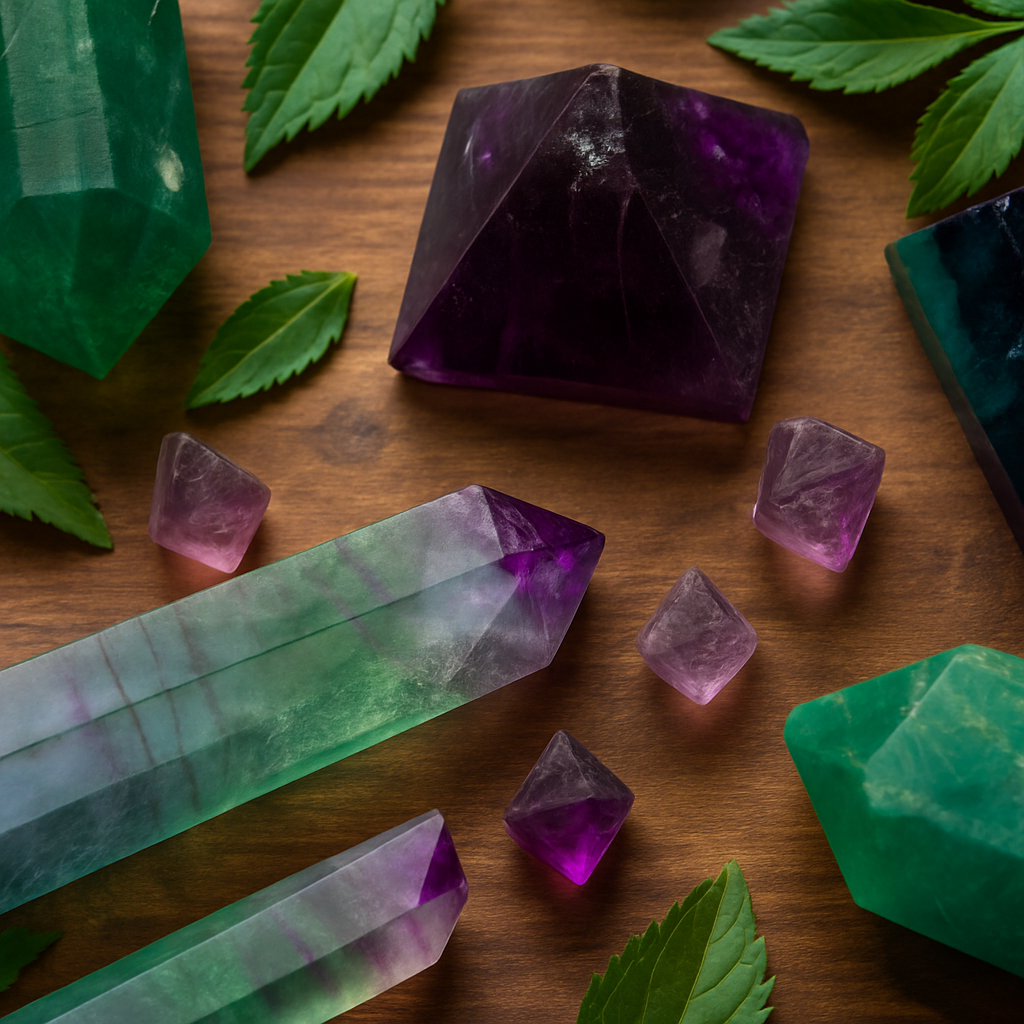 composition de cristaux fluorite vert violet et amethyste tailles pyramide et prismatique sur table bois avec feuilles vertes
