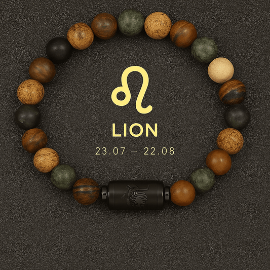 bracelet signe astrologique du lion, signe du zodiaque lion doré avec figure astro en noir brillant