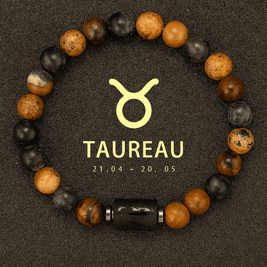 bracelet signe astrologique du Taureau, signe du zodiac Taureau dore avec figure astro en noir brillant
